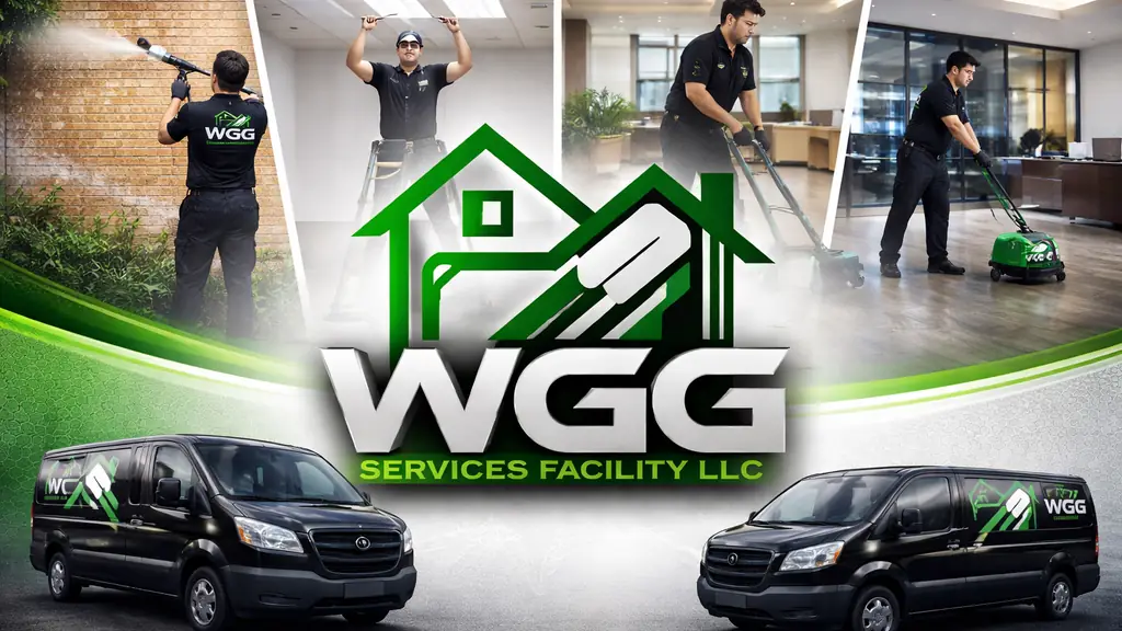 WGG crew in black branded shirts at work, with two black WGG vans and the green roofline logo